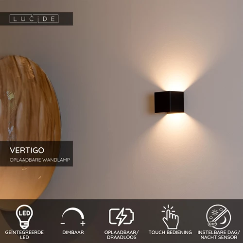 Lucide VERTIGO - Oplaadbare Wandlamp Binnen/Buiten - Accu/Batterij - LED Dimb. - 1x6W 2700K - IP54 - Bewegingssensor - Magnetisch - Zwart - USP